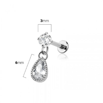 Internally Threaded CZ Crystal with Dangling Teardrop Flat Back Labret Stud - 316L Stainless Steel