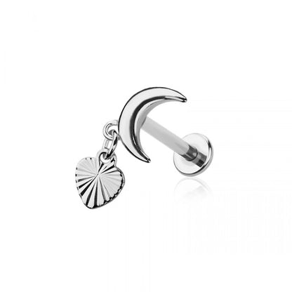 Crescent Moon with Dangling Heart Flat Back Stud - 316L Stainless Steel