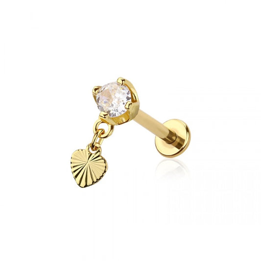 Internally Threaded CZ Crystal with Dangling Heart Flat Back Stud - 316L Stainless Steel