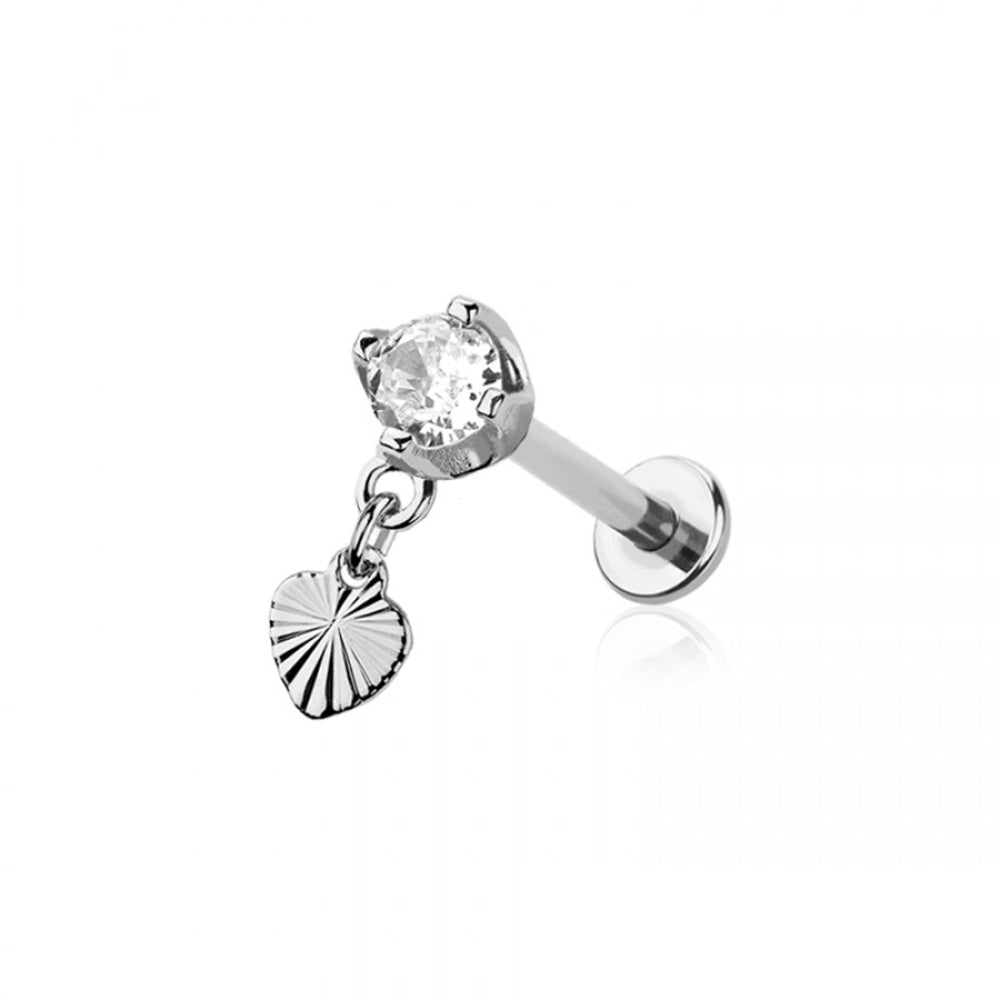 Internally Threaded CZ Crystal with Dangling Heart Flat Back Stud - 316L Stainless Steel