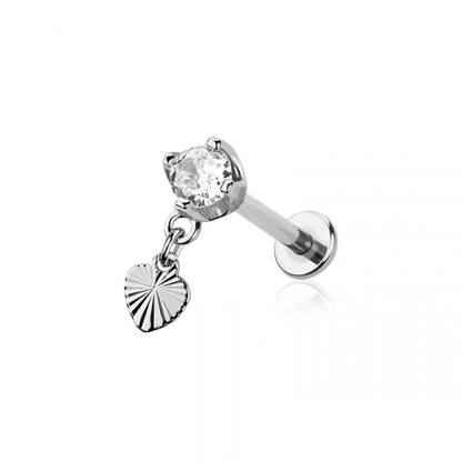 Internally Threaded CZ Crystal with Dangling Heart Flat Back Stud - 316L Stainless Steel