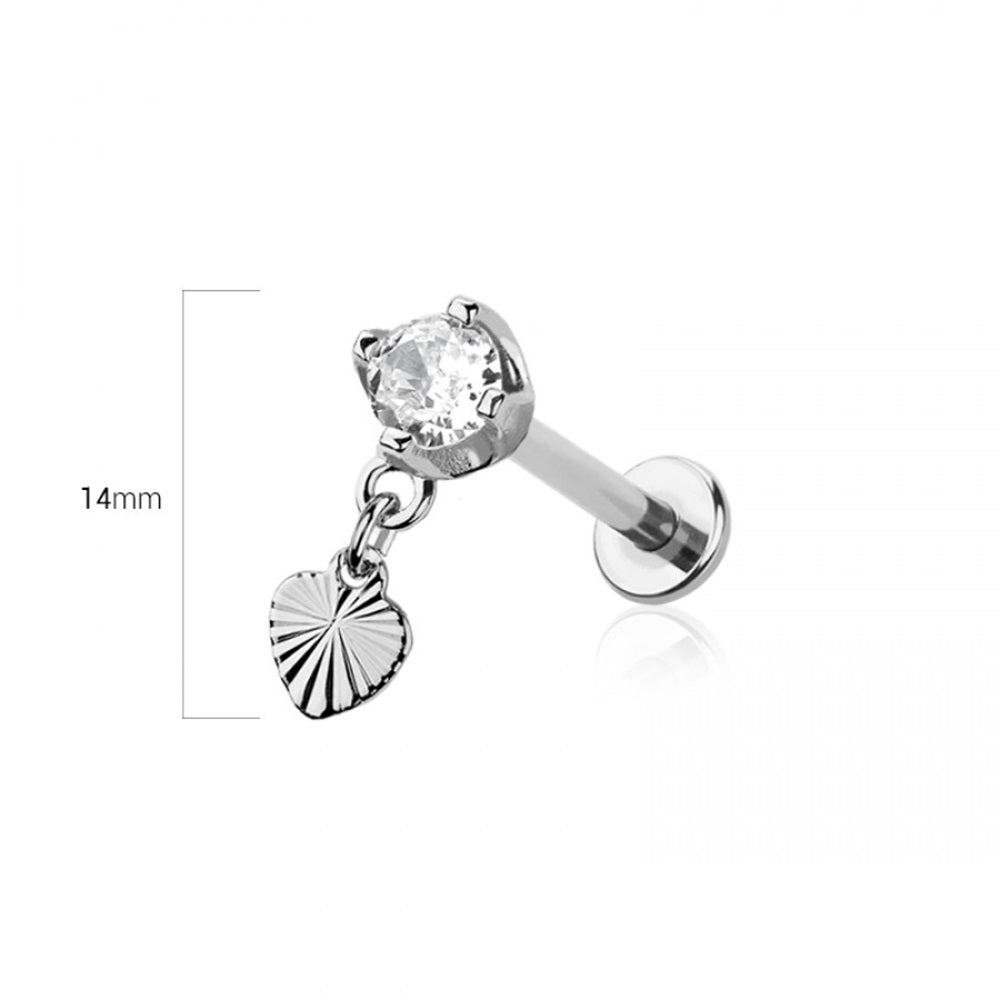 Internally Threaded CZ Crystal with Dangling Heart Flat Back Stud - 316L Stainless Steel