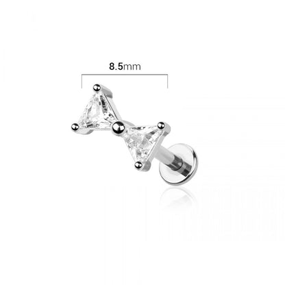 Internally Threaded CZ Crystal Ribbon Bow Flat Back Stud - 316L Stainless Steel