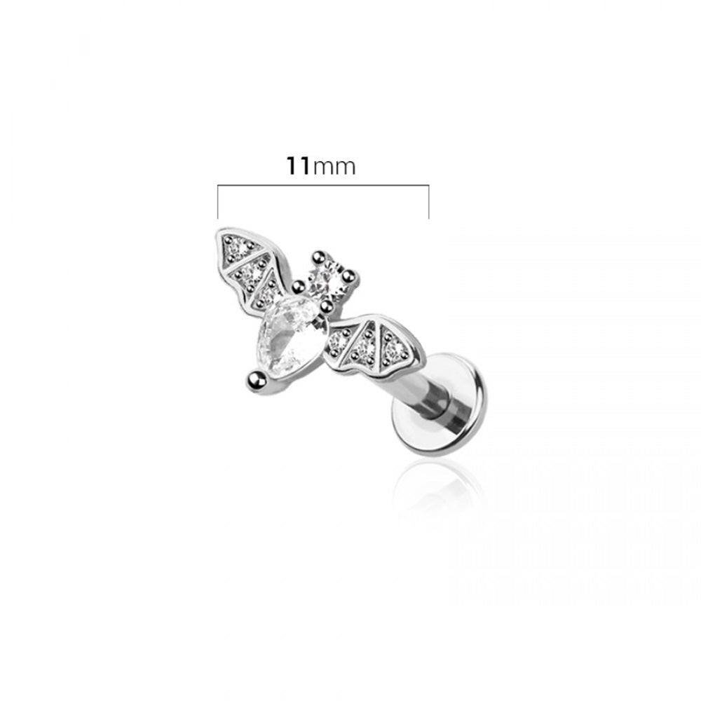 Internally Threaded CZ Crystal Bat Flat Back Stud - 316L Stainless Steel