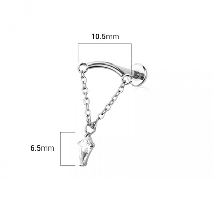 Threadless Push-In Curved Bar with Dangling Chain and Marquise Shaped CZ Crystal Hidden Helix Flat Back Stud - 316L Stainless Steel