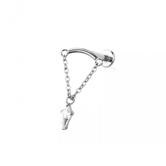 Threadless Push-In Curved Bar with Dangling Chain and Marquise Shaped CZ Crystal Hidden Helix Flat Back Stud - 316L Stainless Steel