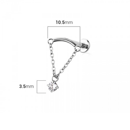 Threadless Push-In Curved Bar with Dangling Chain and Round CZ Crystal Hidden Helix Flat Back Stud - 316L Stainless Steel