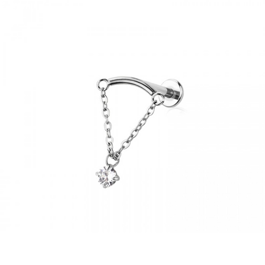 Threadless Push-In Curved Bar with Dangling Chain and Round CZ Crystal Hidden Helix Flat Back Stud - 316L Stainless Steel