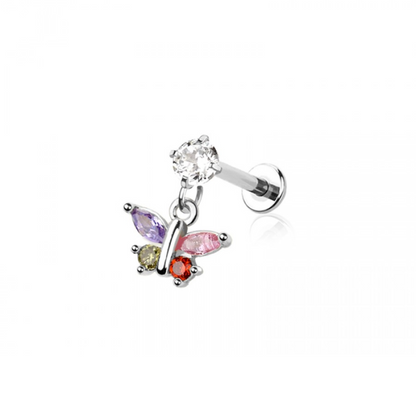 Internally Threaded Dangling CZ Crystal Butterfly Flat Back Stud - 316L Stainless Steel