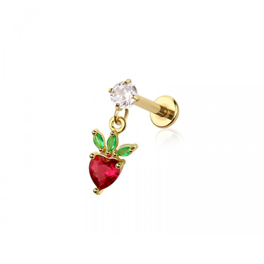 Internally Threaded Dangling CZ Crystal Strawberry Flat Back Stud - 316L Stainless Steel