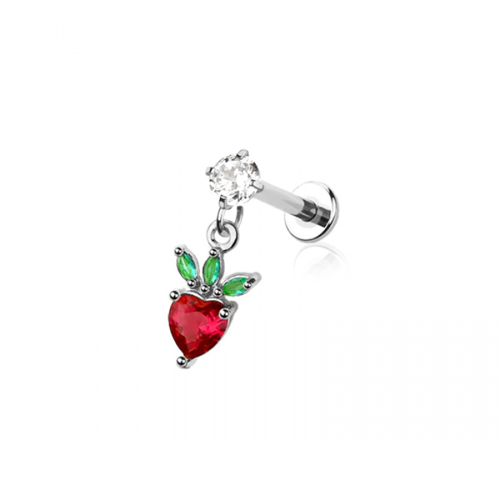 Internally Threaded Dangling CZ Crystal Strawberry Flat Back Stud - 316L Stainless Steel