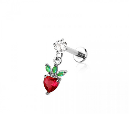 Internally Threaded Dangling CZ Crystal Strawberry Flat Back Stud - 316L Stainless Steel