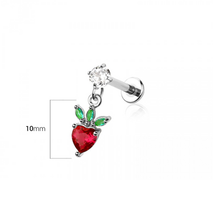 Internally Threaded Dangling CZ Crystal Strawberry Flat Back Stud - 316L Stainless Steel