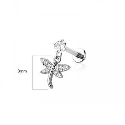 Internally Threaded Dangling CZ Crystal Dragonfly Flat Back Stud - 316L Stainless Steel