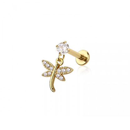Internally Threaded Dangling CZ Crystal Dragonfly Flat Back Stud - 316L Stainless Steel