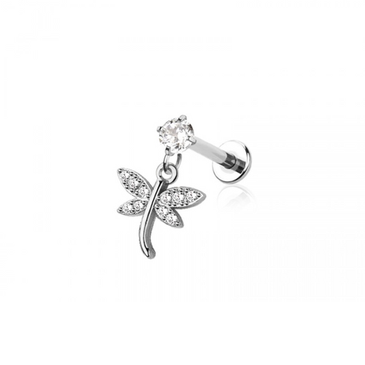 Internally Threaded Dangling CZ Crystal Dragonfly Flat Back Stud - 316L Stainless Steel