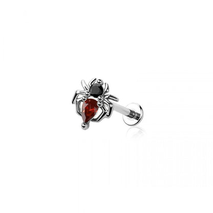 Threadless Push-In CZ Crystal Red Belly Spider Top Flat Back Stud - 316L Stainless Steel