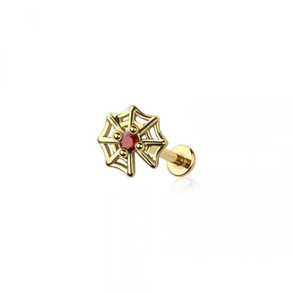 Threadless Push-In Red Center Crystal Spiderweb Top Flat Back Stud - 316L Stainless Steel