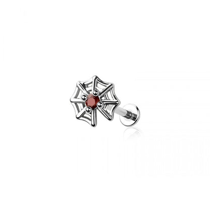 Threadless Push-In Red Center Crystal Spiderweb Top Flat Back Stud - 316L Stainless Steel