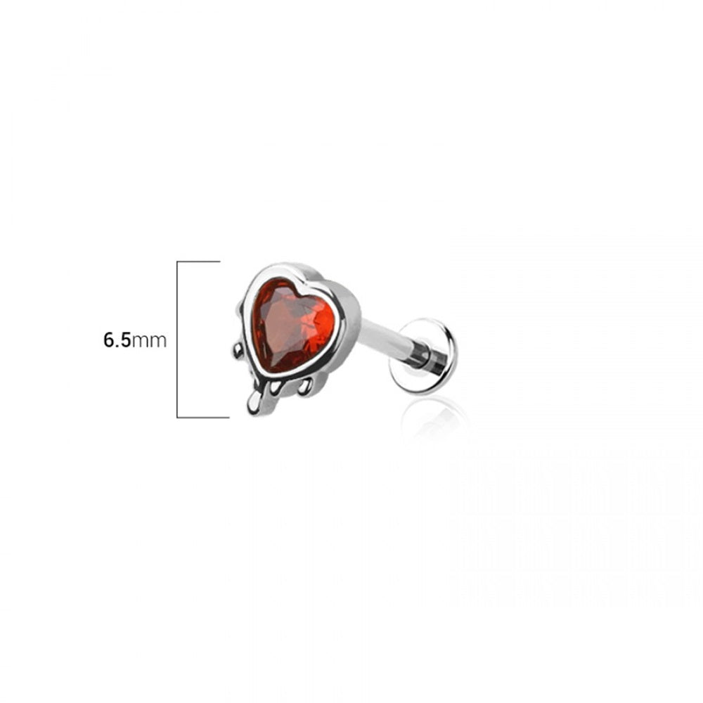 Threadless Push-In Red CZ Crystal Bleeding Heart Top Flat Back Stud - 316L Stainless Steel