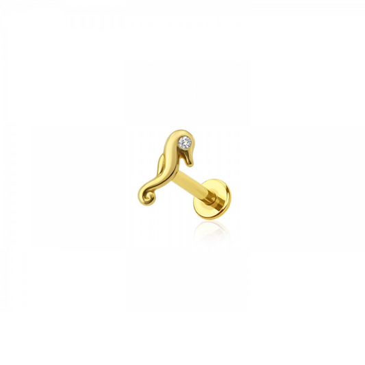 Threadless Push-In CZ Crystal Seahorse Flat Back Stud - 316L Stainless Steel