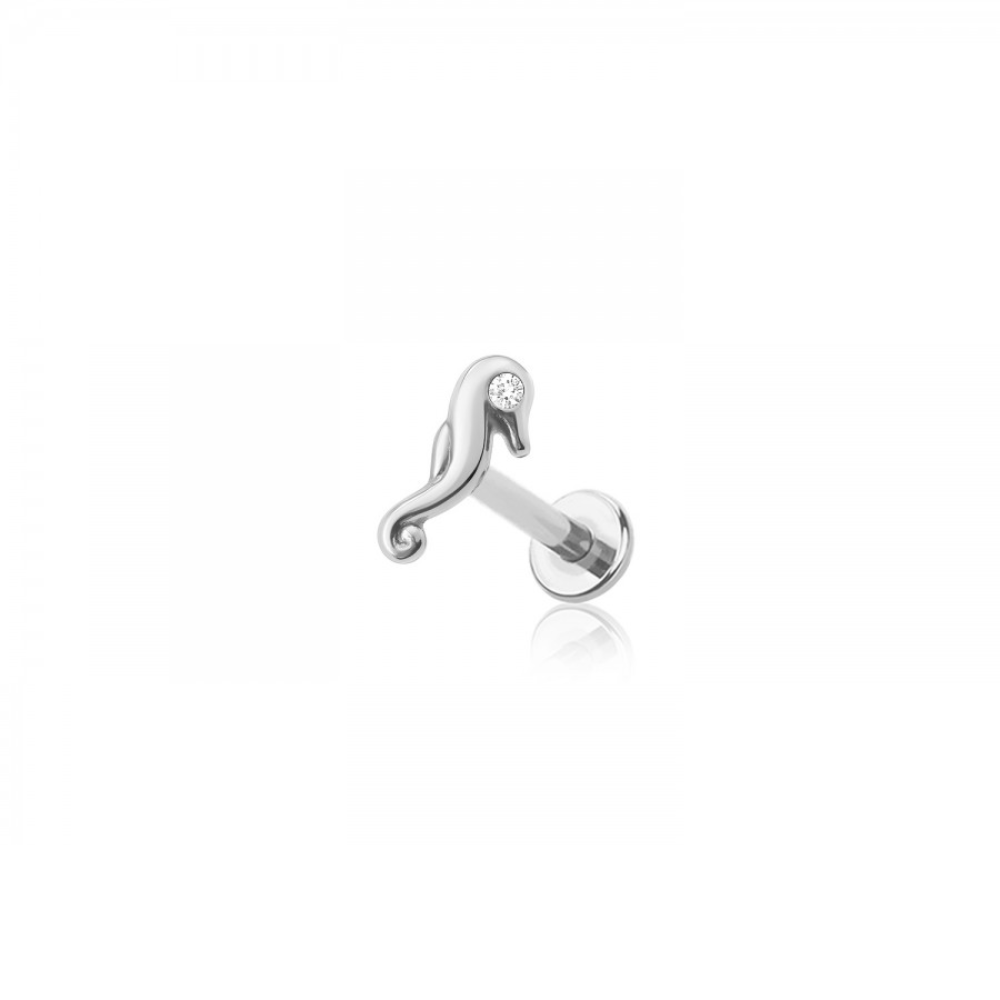Threadless Push-In CZ Crystal Seahorse Flat Back Stud - 316L Stainless Steel