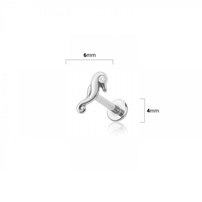 Threadless Push-In CZ Crystal Seahorse Flat Back Stud - 316L Stainless Steel
