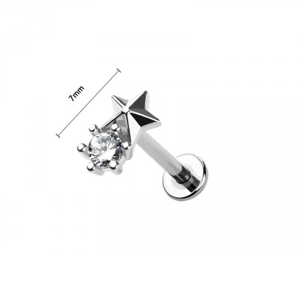 Threadless Push-In Round CZ Crystal and Star Flat Back Stud - 316L Stainless Steel