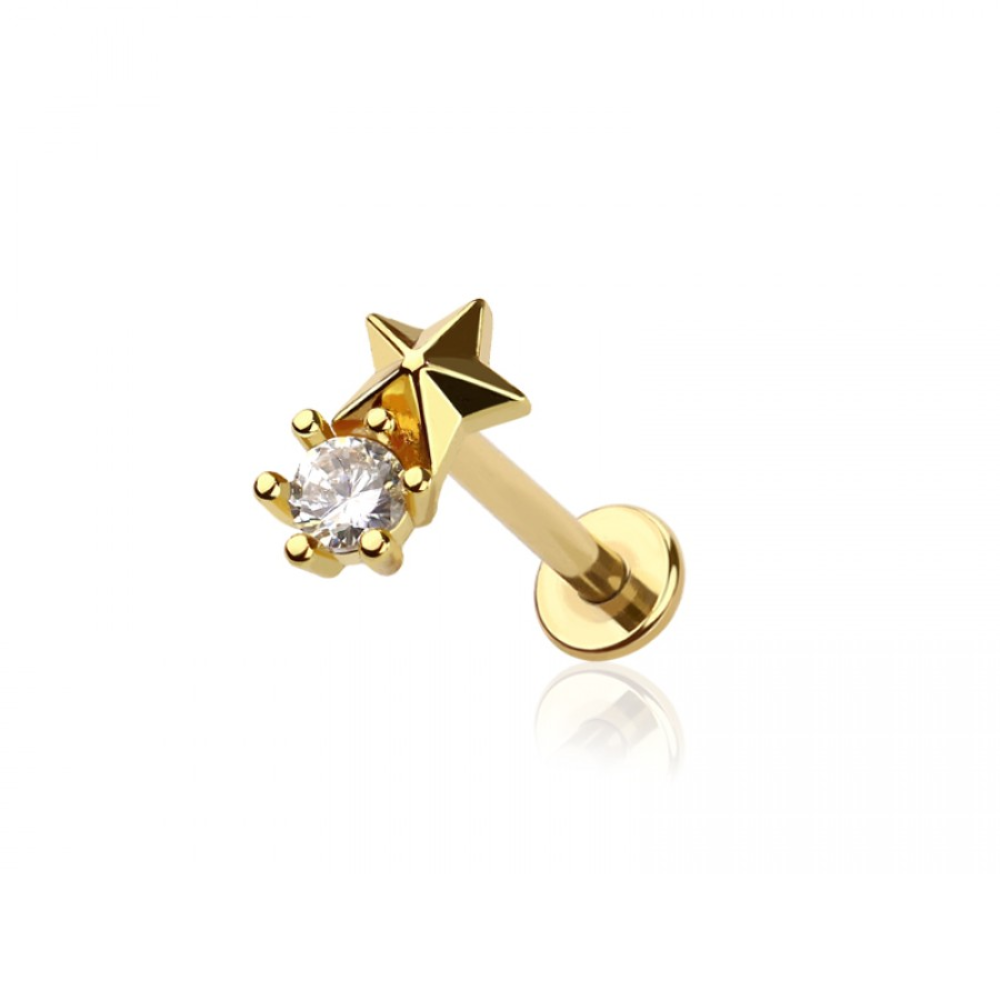 Threadless Push-In Round CZ Crystal and Star Flat Back Stud - 316L Stainless Steel