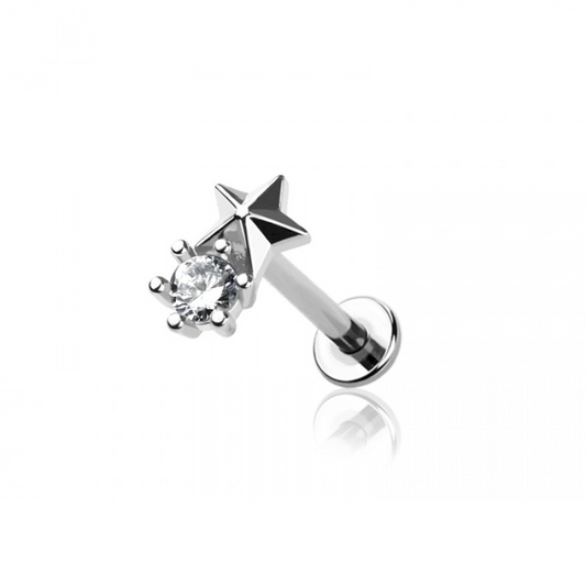 Threadless Push-In Round CZ Crystal and Star Flat Back Stud - 316L Stainless Steel