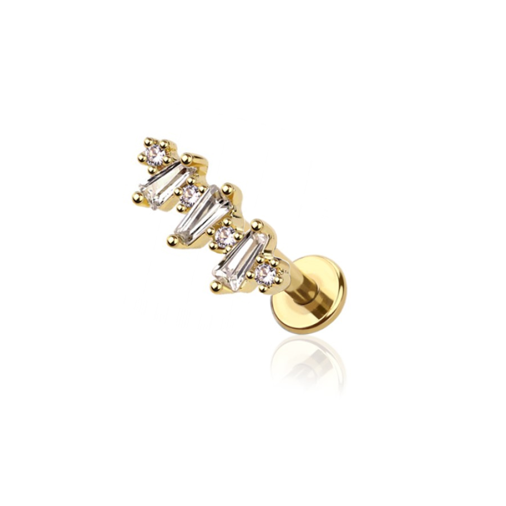 Threadless Push In Triple Baguette and Round CZ Crystal Flat Back Stud - 316L Stainless Steel