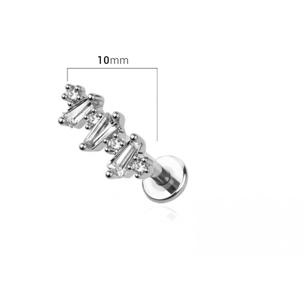Threadless Push In Triple Baguette and Round CZ Crystal Flat Back Stud - 316L Stainless Steel