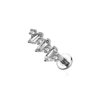 Threadless Push In Triple Baguette and Round CZ Crystal Flat Back Stud - 316L Stainless Steel