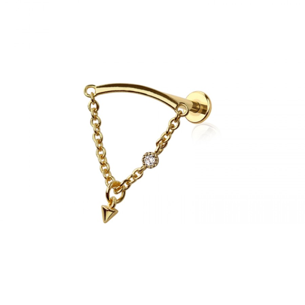 Threadless Push-In Curved Bar with Dangling Chain and Spike Hidden Helix Flat Back Stud - 316L Stainless Steel