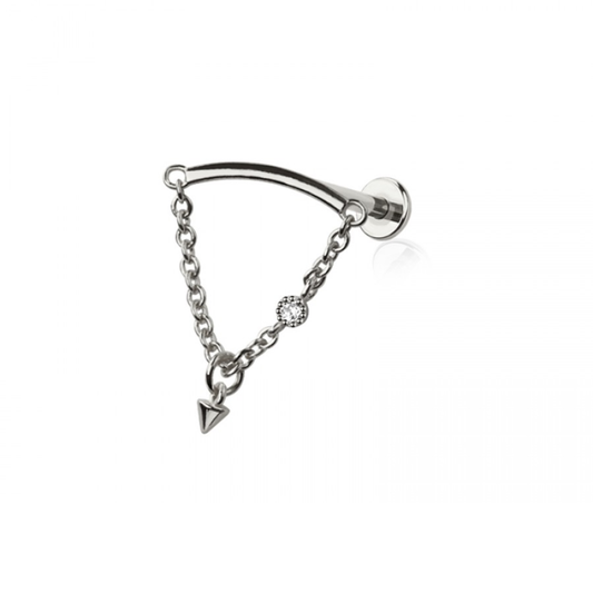 Threadless Push-In Curved Bar with Dangling Chain and Spike Hidden Helix Flat Back Stud - 316L Stainless Steel