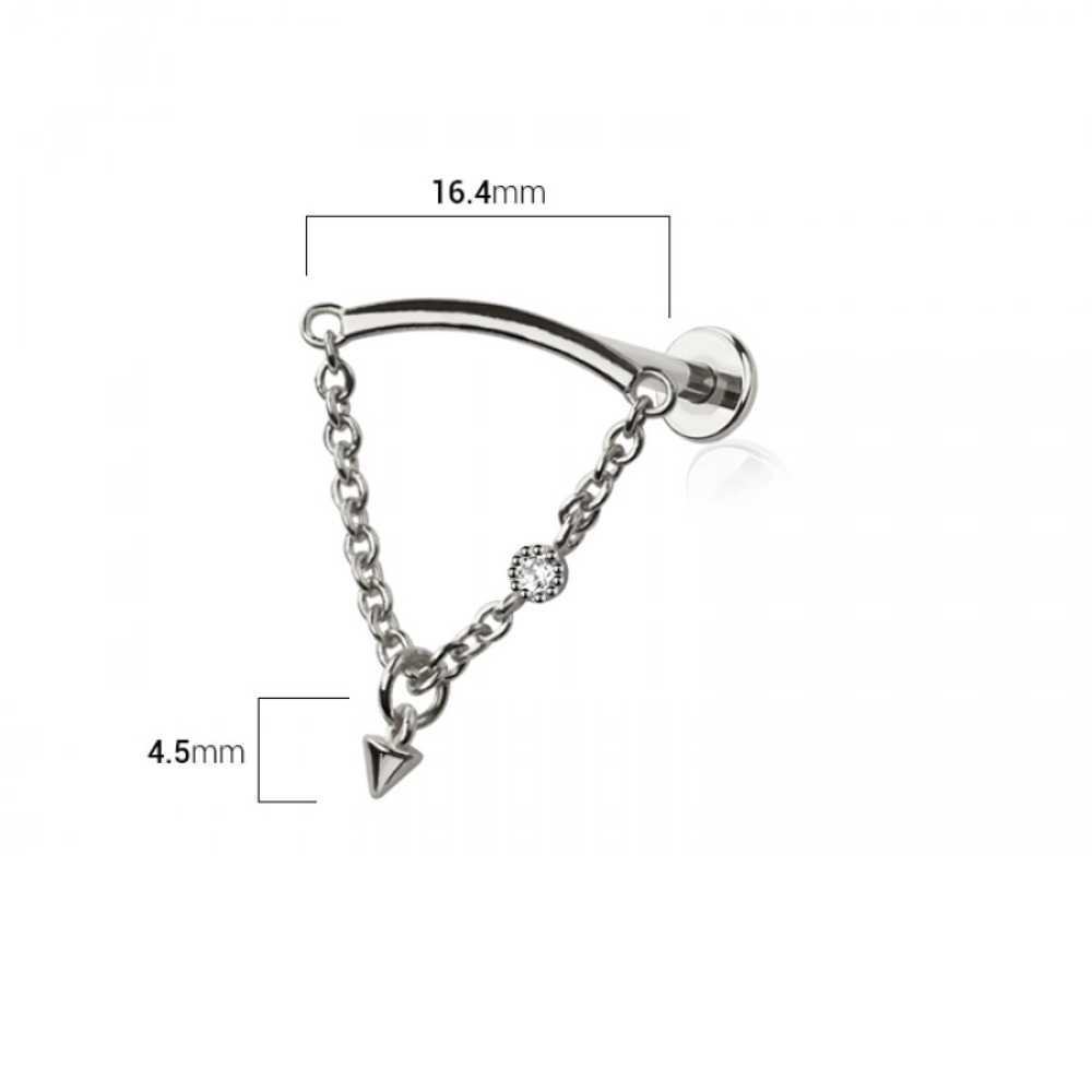 Threadless Push-In Curved Bar with Dangling Chain and Spike Hidden Helix Flat Back Stud - 316L Stainless Steel