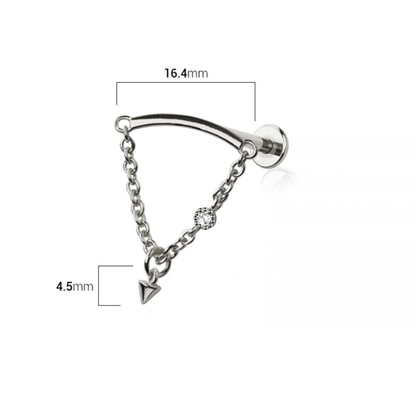Threadless Push-In Curved Bar with Dangling Chain and Spike Hidden Helix Flat Back Stud - 316L Stainless Steel