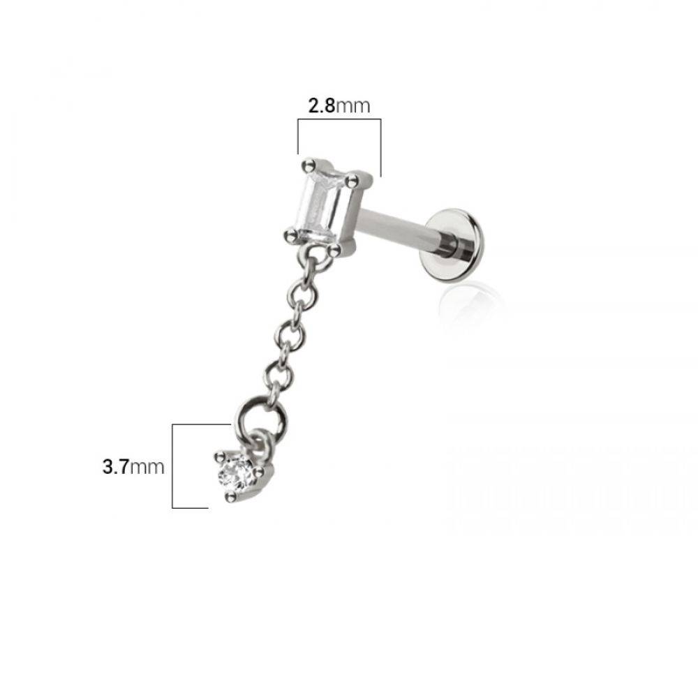 Threadless Push In Baguette Shaped CZ Crystal with Dangling Gem Flat Back Stud - 316L Stainless Steel