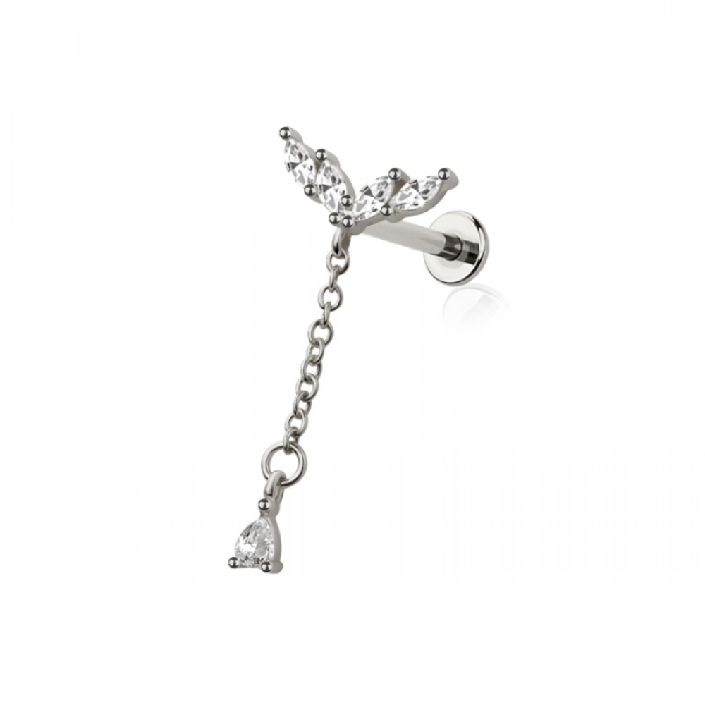Threadless Push In V-Shaped CZ Crystal Marquise with Dangling Gem Flat Back Stud - 316L Stainless Steel