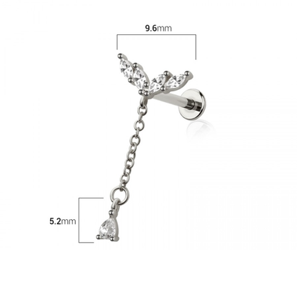 Threadless Push In V-Shaped CZ Crystal Marquise with Dangling Gem Flat Back Stud - 316L Stainless Steel