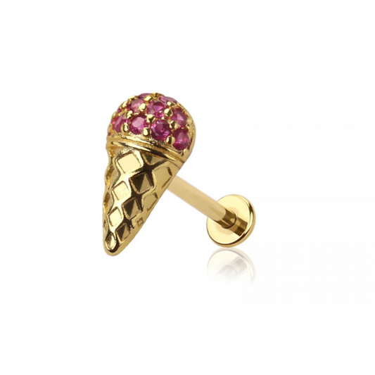Threadless Push-In CZ Crystal Pink Ice Cream Cone Flat Back Stud - 316L Stainless Steel