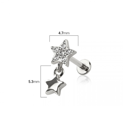 Threadless Push In CZ Crystal Star with Dangling Star Flat Back Stud - 316L Stainless Steel