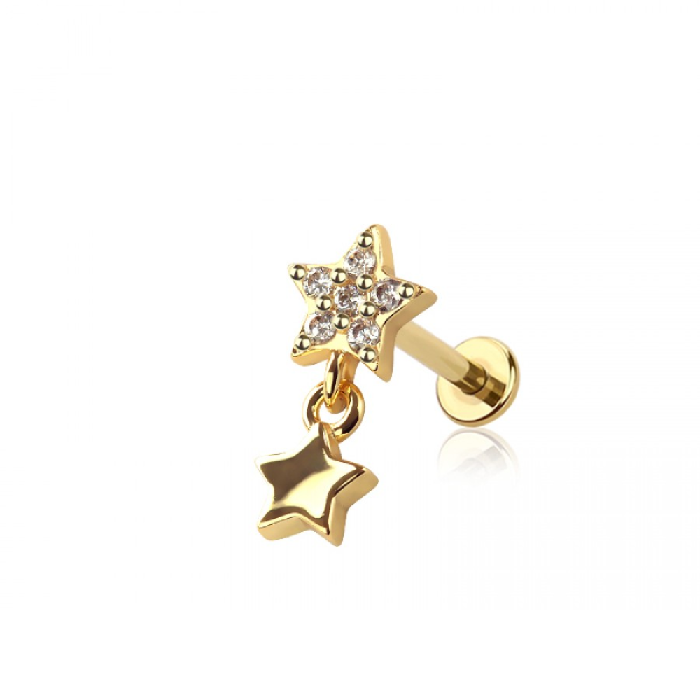 Threadless Push In CZ Crystal Star with Dangling Star Flat Back Stud - 316L Stainless Steel
