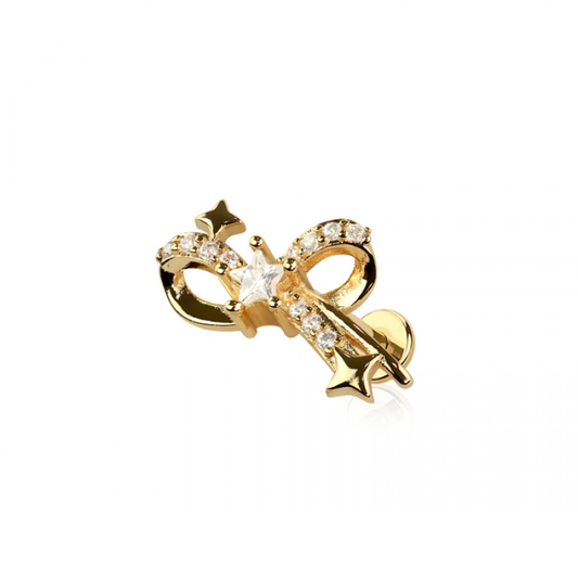 Threadless Push In CZ Crystal Star Ribbon Flat Back Stud - 316L Stainless Steel