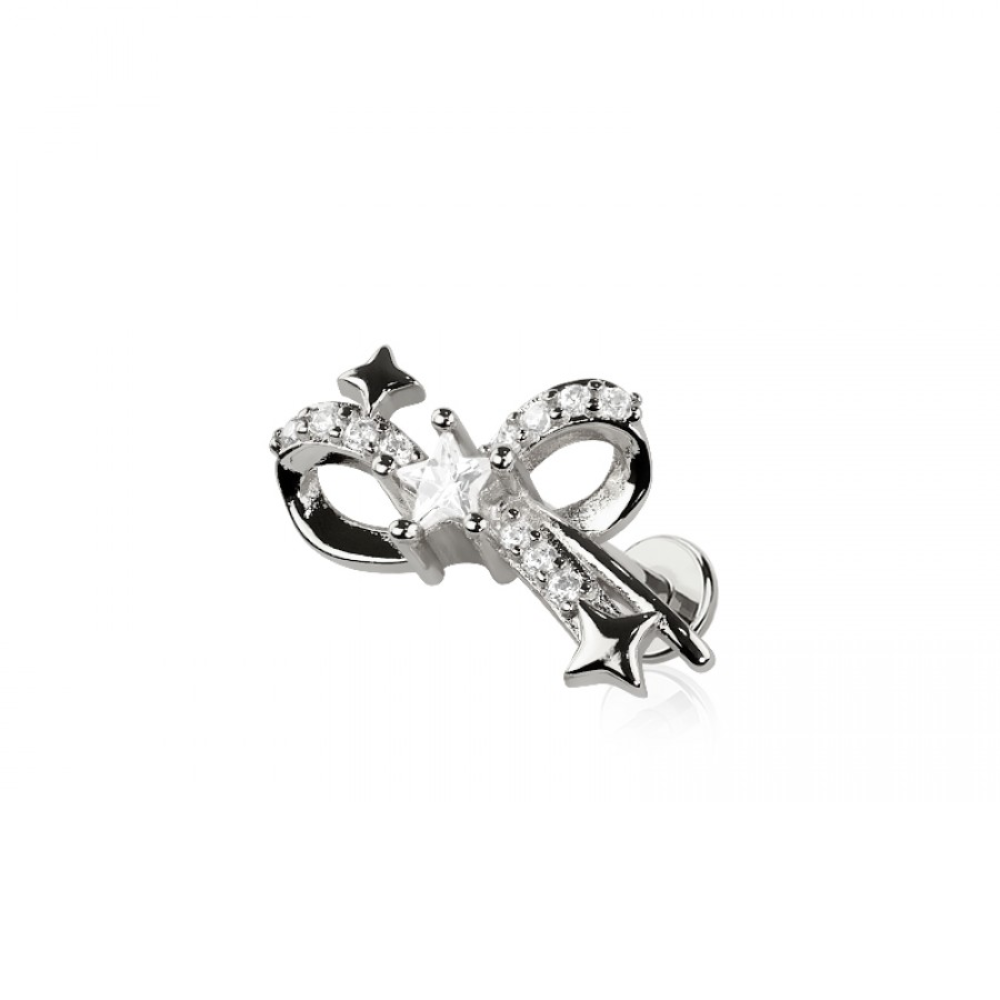 Threadless Push In CZ Crystal Star Ribbon Flat Back Stud - 316L Stainless Steel
