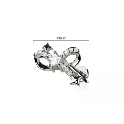 Threadless Push In CZ Crystal Star Ribbon Flat Back Stud - 316L Stainless Steel