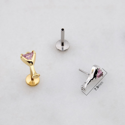 Threadless Push In CZ Crystal Pink Martini Flat Back Stud - 316L Stainless Steel