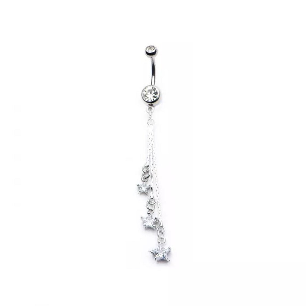 Triple CZ Crystal Star Dangling Belly Button Ring - 316L Stainless Steel