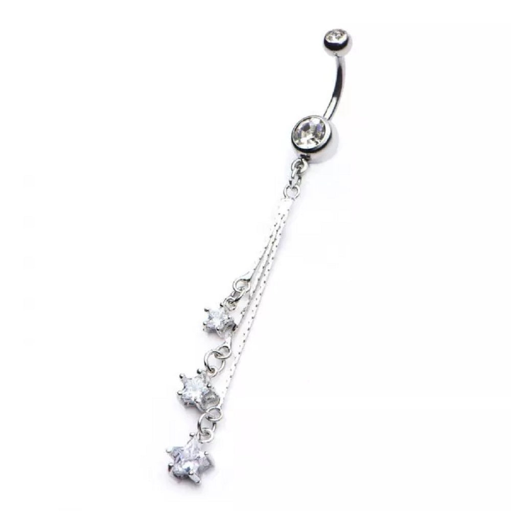 Triple CZ Crystal Star Dangling Belly Button Ring - 316L Stainless Steel