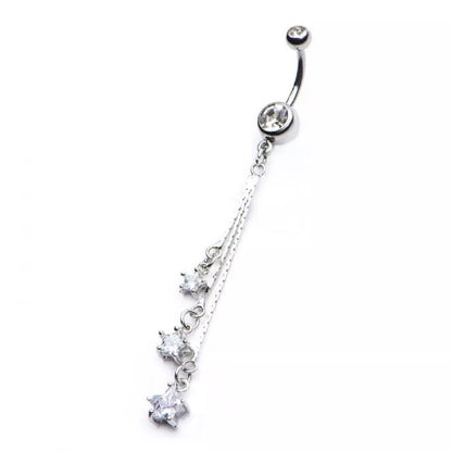 Triple CZ Crystal Star Dangling Belly Button Ring - 316L Stainless Steel